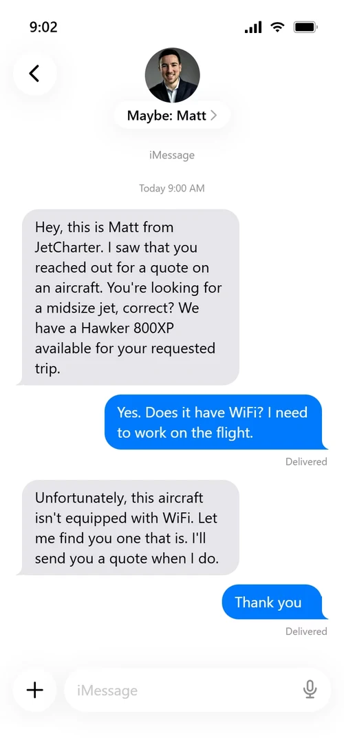 An iMessage from Matt at JetCharter offering a midsize jet