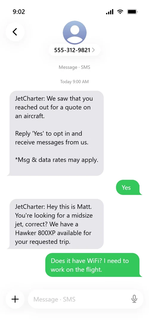 A business SMS asking the lead to reply Yes to opt in