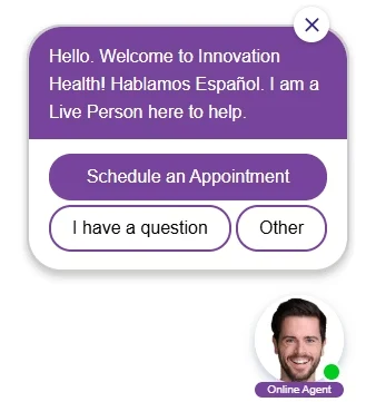 Innovation Health live chat: a live person greets the visitor