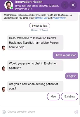 The chat asks if the visitor is a new or existing patient